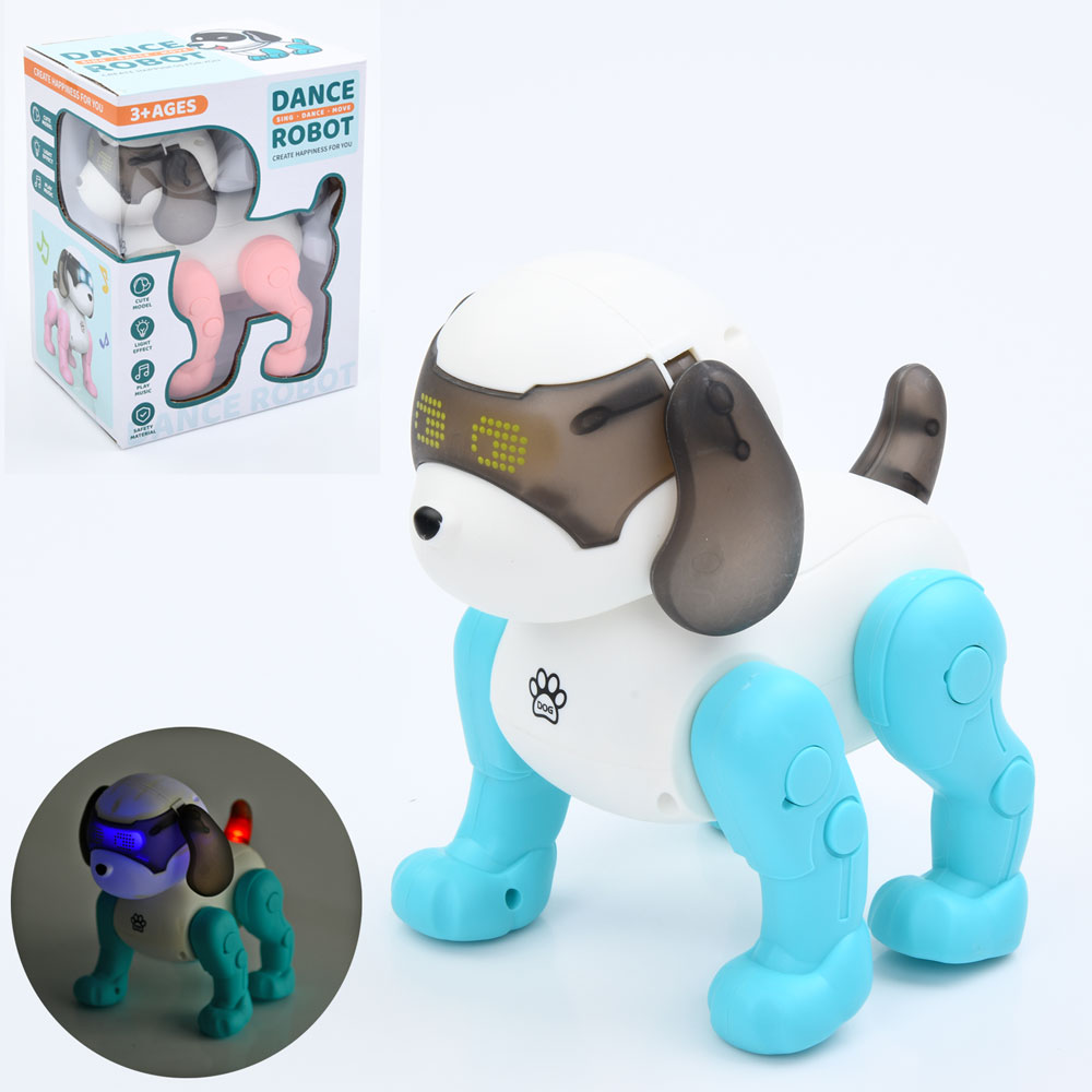 Тварина 111-2 собака, ходить, рухливі деталі, 2 кольори, муз., світло, бат., кор., 18-23-13 см.