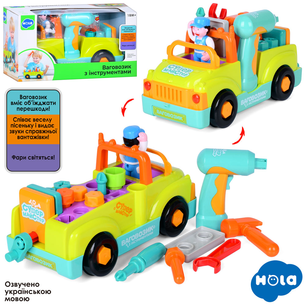 Конструктор 789 машина, інструменти, відчин. капот, муз., світло, бат., кор., 31,5-17-14 см.