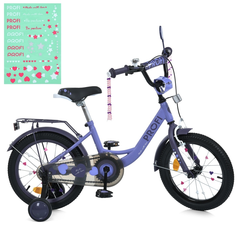 Велосипед дитячий PROF1 14д. MB 14043-1 PRINCESS,SKD75,дзвін.,ліхтар,багажник,дод.кол.,бузковий.