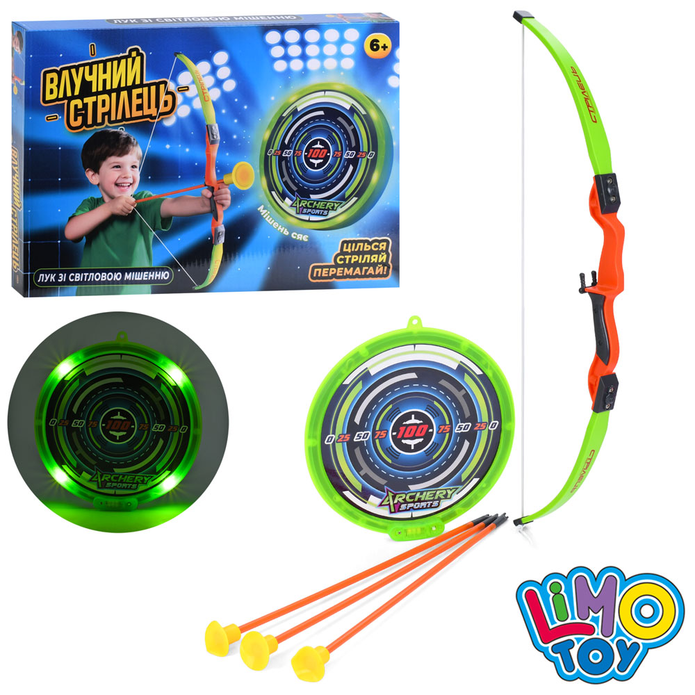 Лук MR 1562 56см, стріли-присоски 41см 3шт, мішень(23,5см, світло, бат(табл), в кор-ці,37-25,5-4,5см