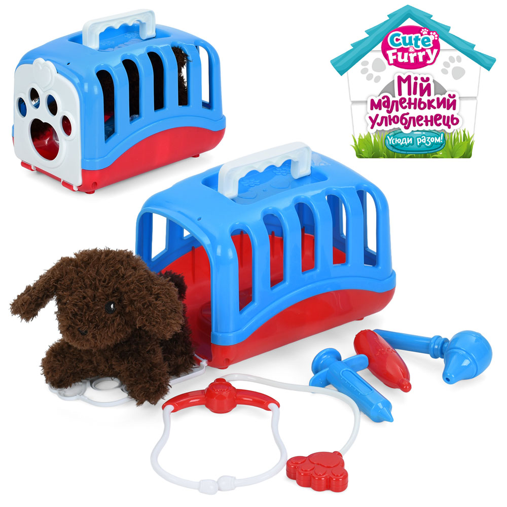 Тварина в переносці S468A (36шт) собака, 15см, плюш, набір ветеринара (стетоскоп, мед.інструменти), переноска, 19-13-13см