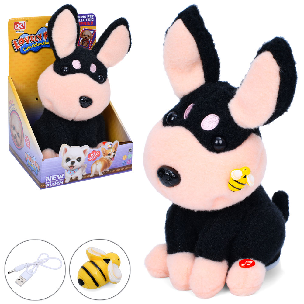 Собака 916-1 акум., повтор., плюш, реагує на бджолу, USB, рухливий, муз., кор., 16-24-15 см.