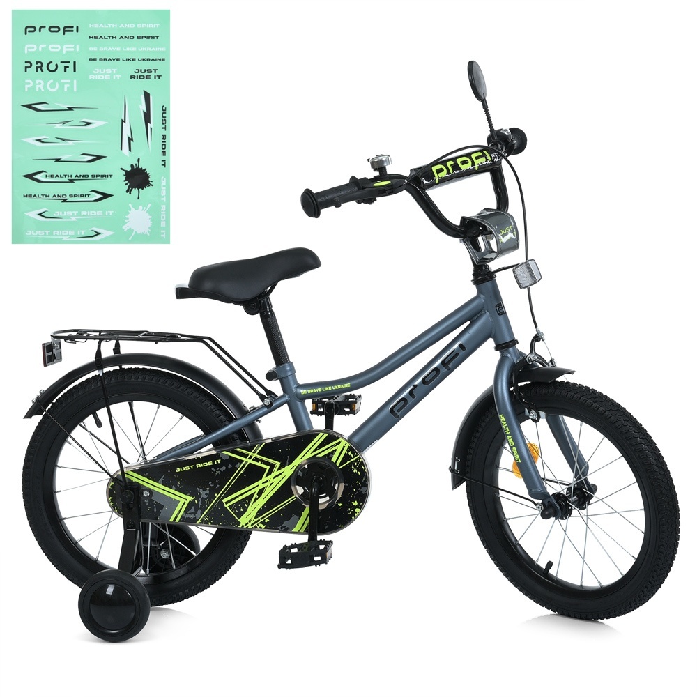 Велосипед дитячий PROF1 16д. MB 16014-1 PRIME,SKD75,дзвін.,ліхтар,багажник,дод.кол.,графітовий.