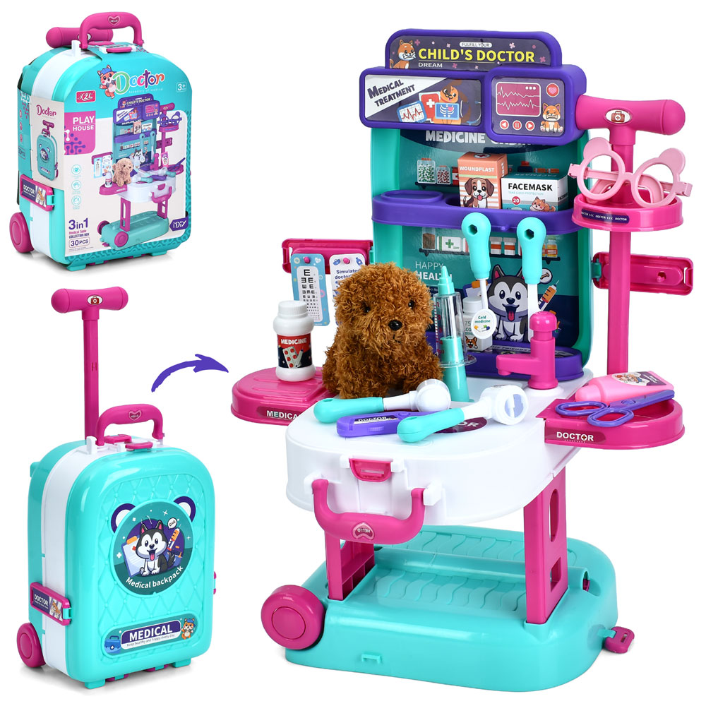 Набір гральний «грумер» T2158-5 3в1(стіл,чемодан на колесах,кол.бокс),собака,мед. інструмент.30предм