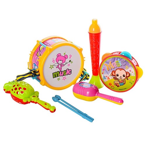 Музичні інструменти 3798-1 барабан, палички 2шт, бубон, маракаси, дудка, кул., 19-28-8 см.