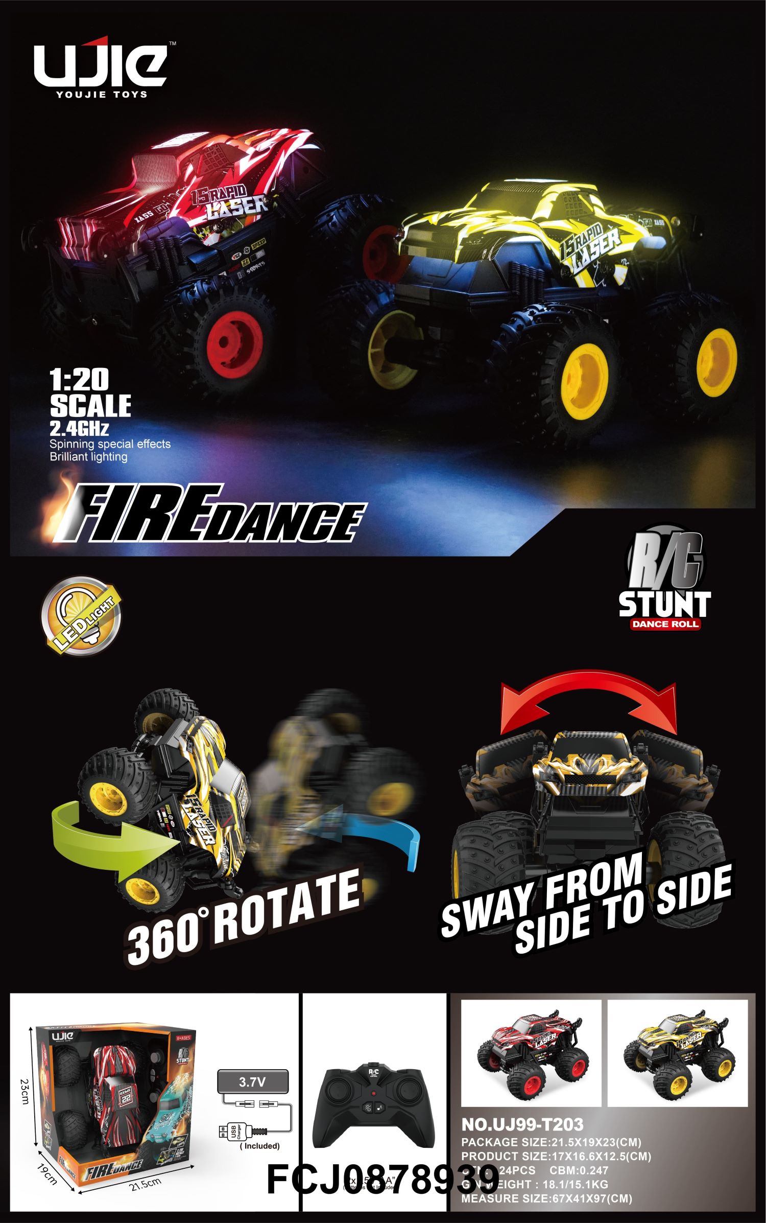 Машина UJ99-T203 радіок.2,4GHz,акум.,1:20,трюк.,небит.корп.,гум.колеса,USB,2кольори,муз.,світло,кор.