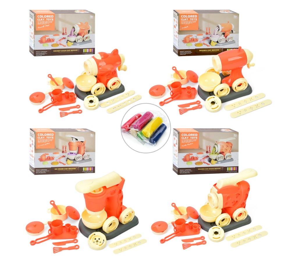 Пластилін MK 5466 6 кольорів(стіках), апарат-прес, посуд, інструменти, 4 види, кор., 29-21-9,5 см.