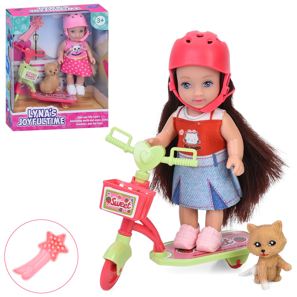 Лялька 3804 11см, самокат, тварина 3,5см, гребінець, 2 види, в кор-ці, 13,5-16-4,5см