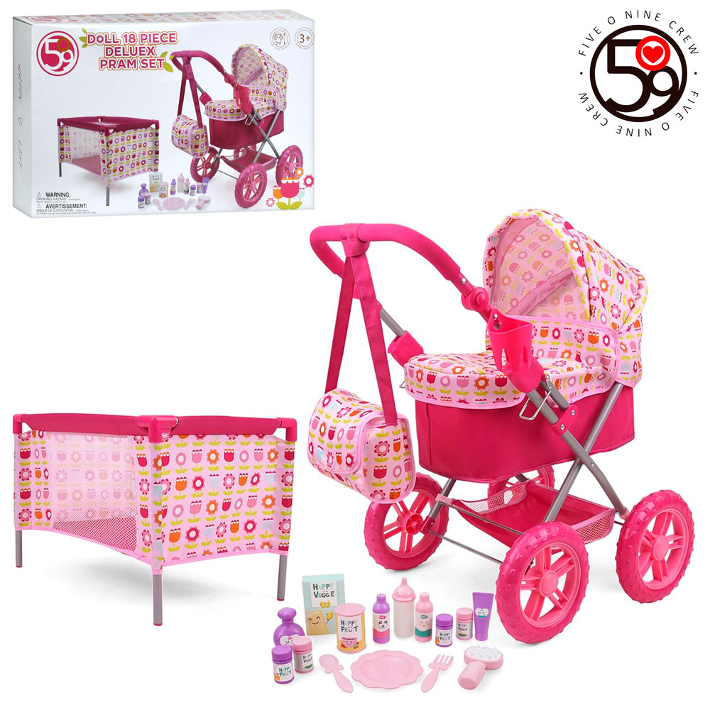 Набір гральний T837048 для ляльки,коляска класика(спальне місце 43-23см),рег.ручка,сумка,манеж,аксес