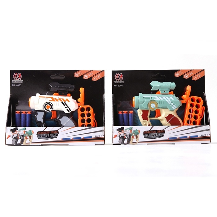 Пістолет 6005A приціл, м'які кулі-присоски 3 шт., 2 кольори, кор., 25,5-20,5-4,5 см.