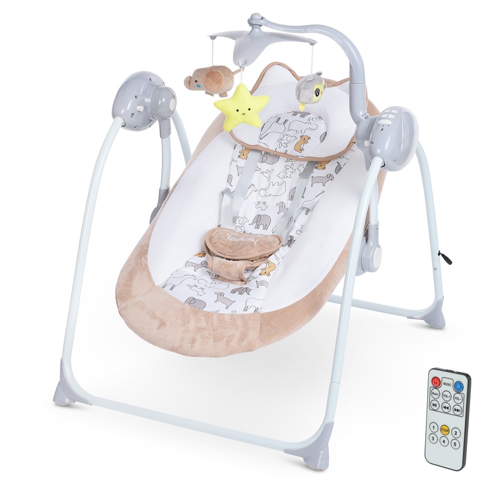 Гойдалка ME 1075 TEDDY Beige Animals пульт,5 швид.,таймер,12 мелод.,2 полож.спинки,беж.,льон+тварини