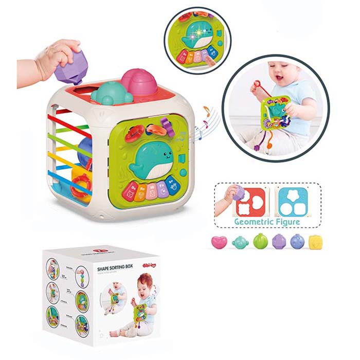 Гра 688-88 куб,7в1,сортер,6 фігур-брязкальце,грані-резинки,піаніно,звуки тварин,муз.,світло,бат.,кор
