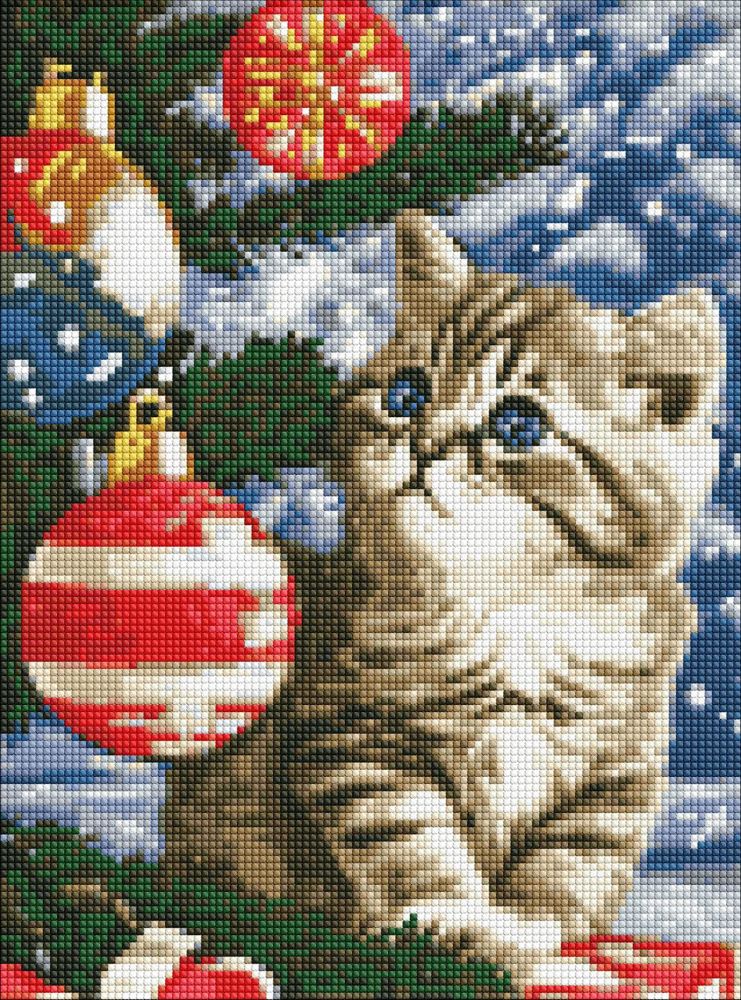 Набір з алмазною мозаїкою "Кошеня під ялинкою" з АВ стразами 30х40см