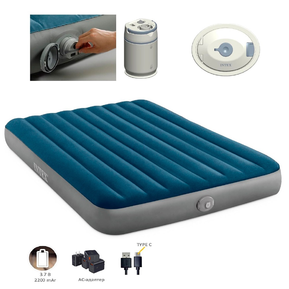 Велюр матрац 64189 надувний, двомісний, вбудований насос (з літій-іон.акум.) USB 152-203-25см,