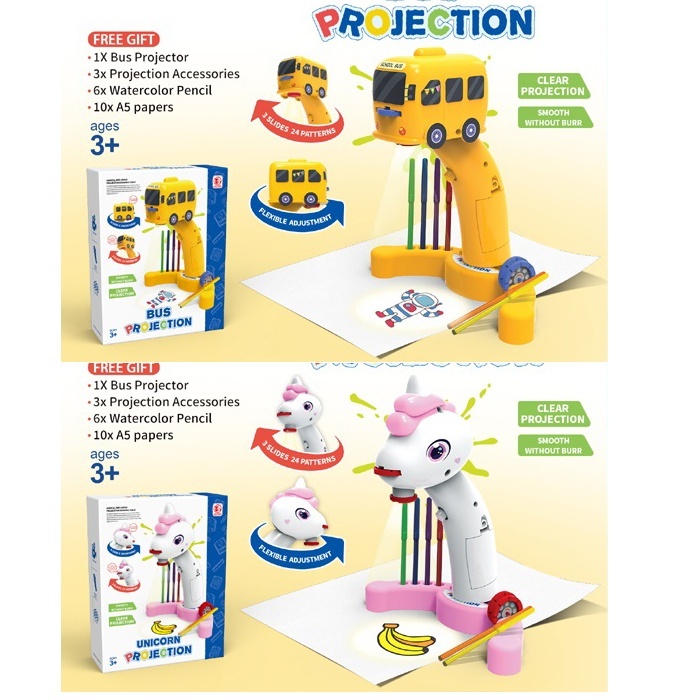 Проектор 6658-6659 слайди/24картинки,бумага,фломастери 6шт,,світло,на бат.,2 види(єдиноріг, автобус)