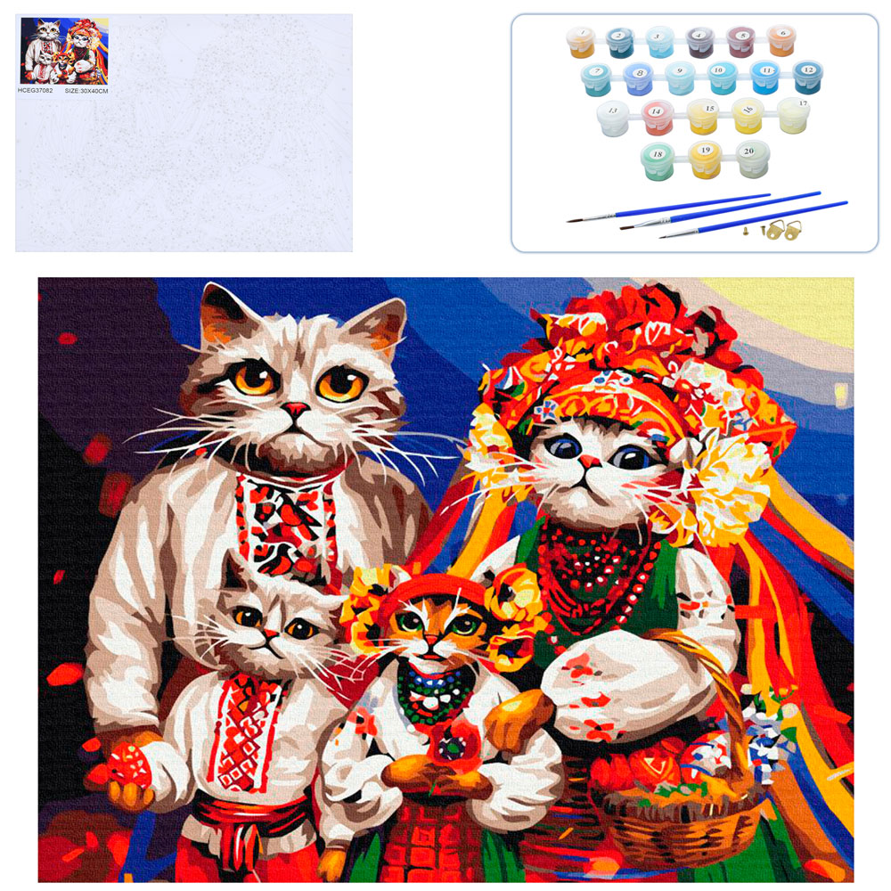 Набір для творчості МК 5349 картина за номерами, Українська котяча родина, кул., 30-40-2 см.