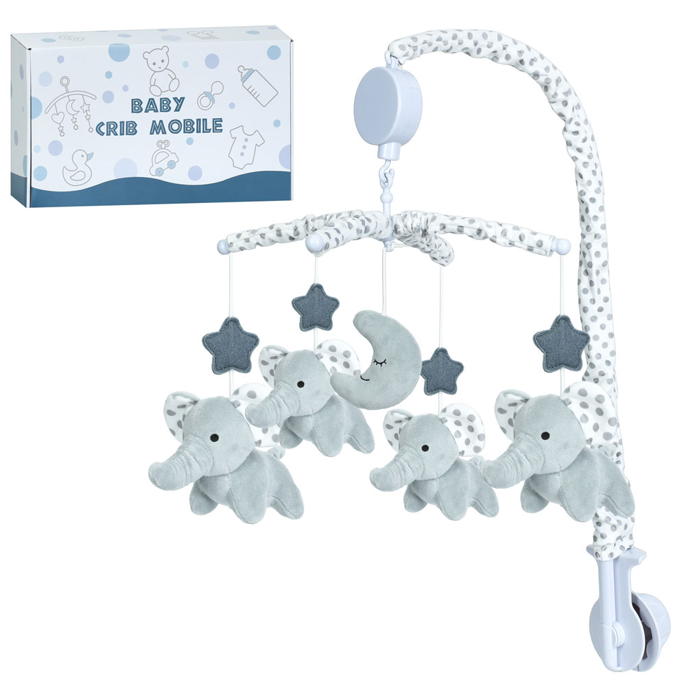 Карусель на кроватку HB 0085 заводна, підвіски 5шт.(слон 4шт, місяць, плюш), муз., кор., 35-20-8см.