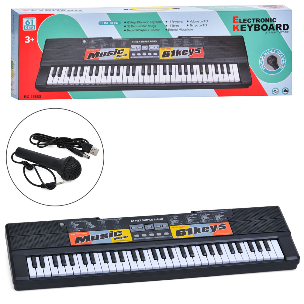 Синтезатор BX-1688S 61 клавіша, мікрофон, запис, регул. гучн., муз.,бат./мережа USB,кор.,71,5-23-9см