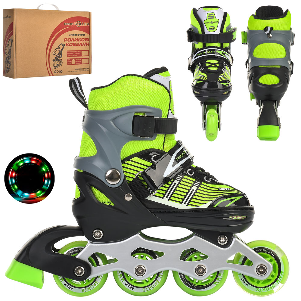 Ролики A 4139-S-GR (31-34) розсув.,шнур.+бакля,ал.рама,кол.ПУ64мм,1 світло,зелений,кор.,35-28-10,5см