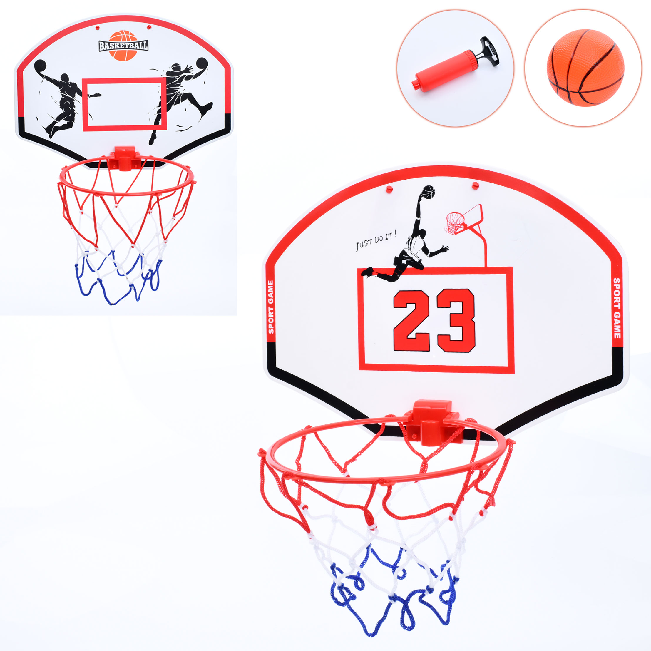 Баскетбольне кільце MR 1186-1 щит пласт., кільце пласт., сітка, м'яч,насос,2 види,кул.,38,5-31,5-4см