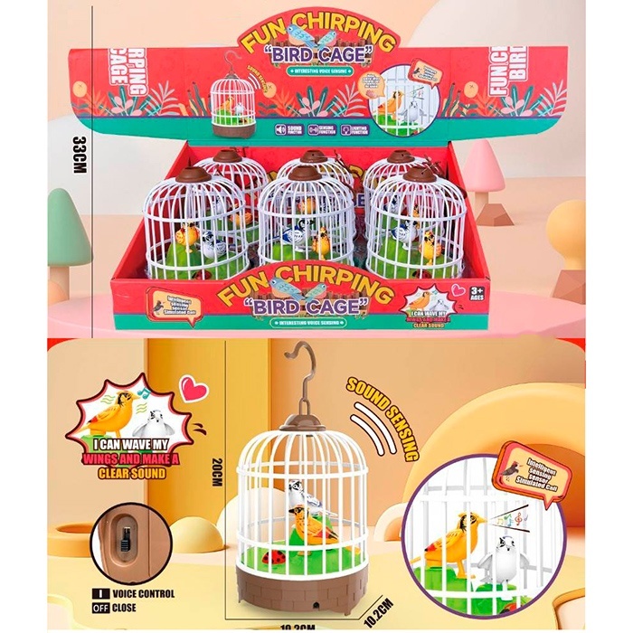 Птах 022  у клітці, муз.(англ., свист), рухлива, реагує на хлопок, бат., 6шт. в диспл.,37-25,5-16см.