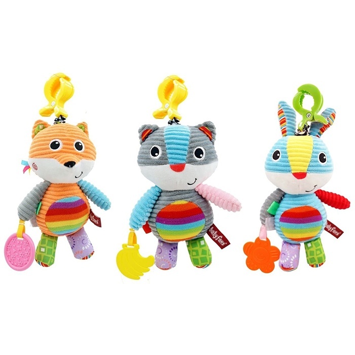 Підвіска м'яка BF2431-3-4 тварина, прорізувач, розтяжка, брязкальце, 3 види, муз., кул., 21-25-7 см.