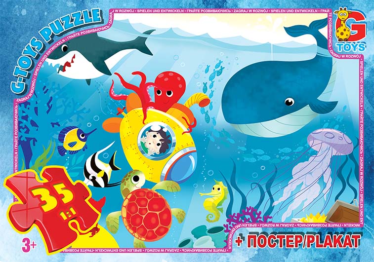Пазл із серії "Вчимося з задоволенням: Таємниці океану". Захоплюючий пазл на 35 крупних деталей з яскравими морськими мешканцями та справжньою субмариною. Арт. GF02