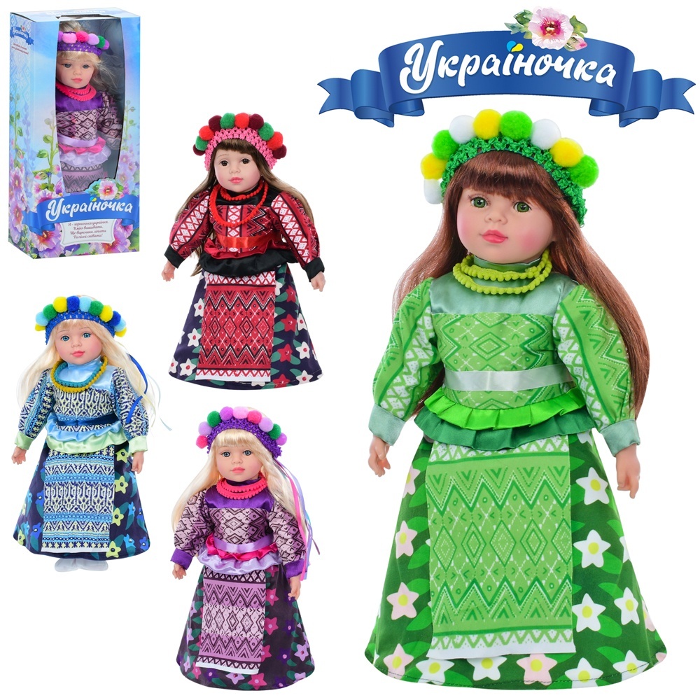 Лялька M 5079 I UA Україночка, м'яконабивна, 4 види, муз.(укр.), бат., кор., 49-23,5-12 см.