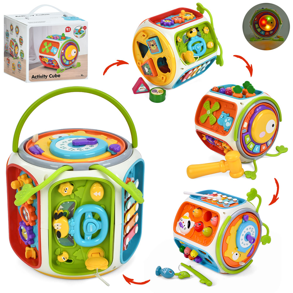 Гра 6216 9в1,багатогранник,сортер,шестерні,піаніно,годинник,рух.дет.,ксилофон,муз.,світло,бат.,кор.