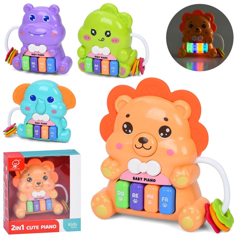 Піаніно 1012-13-14-15 тварина, 11-12-4,5см, 2в1(брязкальце), муз., звук, звуки тварин, світло, бат.,