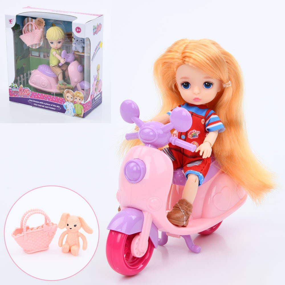 Лялька 91069-A-B шарнірна, мотоцикл, тварина, сумка, 2 види (хлопчик, дівчинка), кор., 17-18-8 см.
