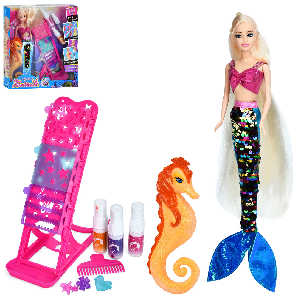 Лялька 68372 30см,русалка,довге волосся,хвіст-паєтки,морський коник 20см,фарба для волосся,трафарет