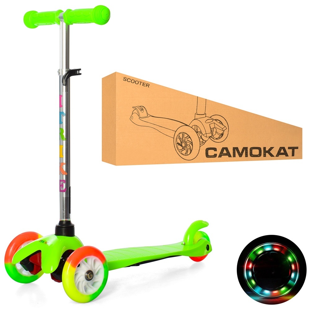 Самокат BB 3-013-4-A-GR MINI,алюм.+пласт.,3кол.ПУ-світ.,2пер.120мм,заднє 70мм,підніжка,кермо 60/69см
