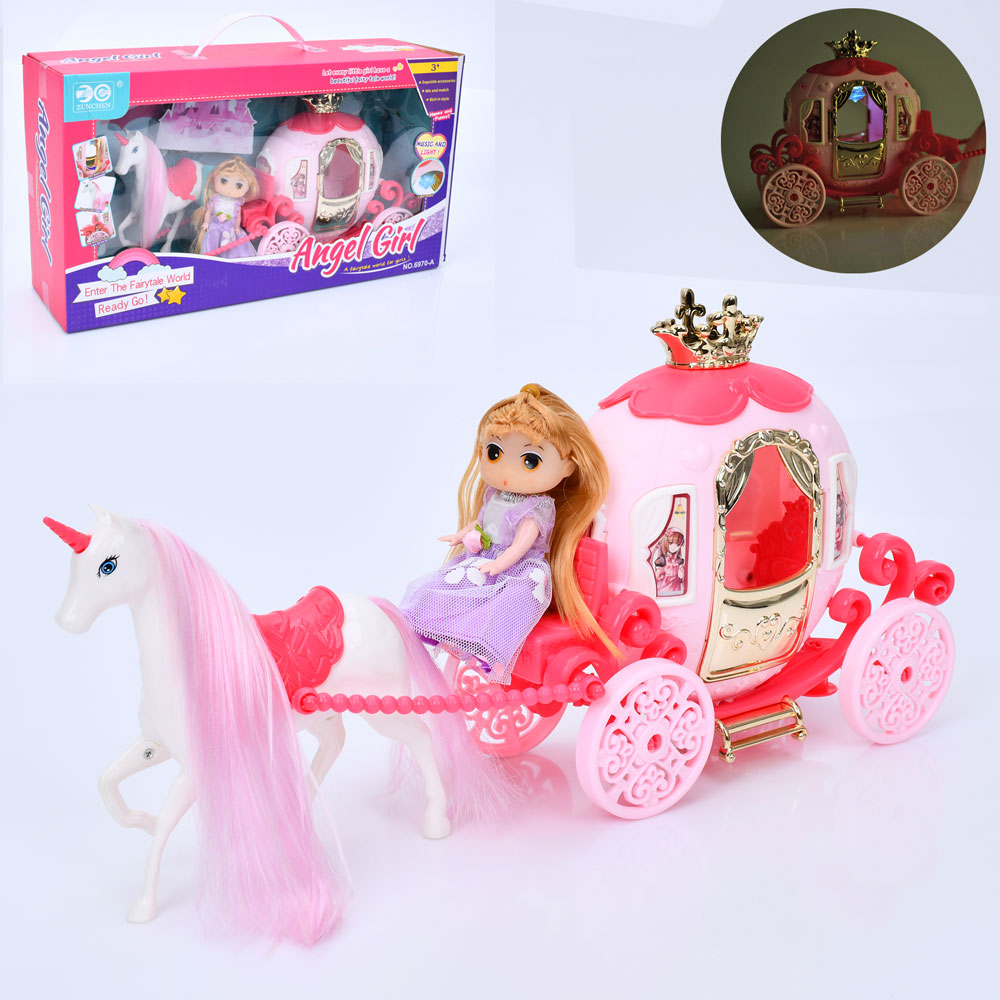 Карета 6970-A конячка, лялька, муз., світло, бат. (табл.), кор., 43-24-12 см.