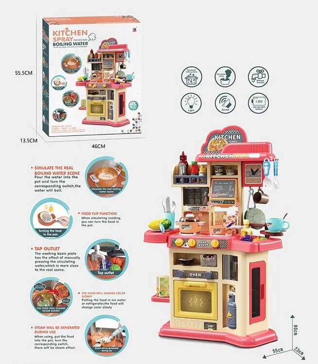 Фотография 1 товарной позиции интернет-магазина детских игрушек www.smarttoys.com.ua Кухня MJL 911 B (6) 2 кольори, 46 елементів, звук, підсвічування, функціональна кухонна плита, з крана тече вода, посуд, продукти, в коробці