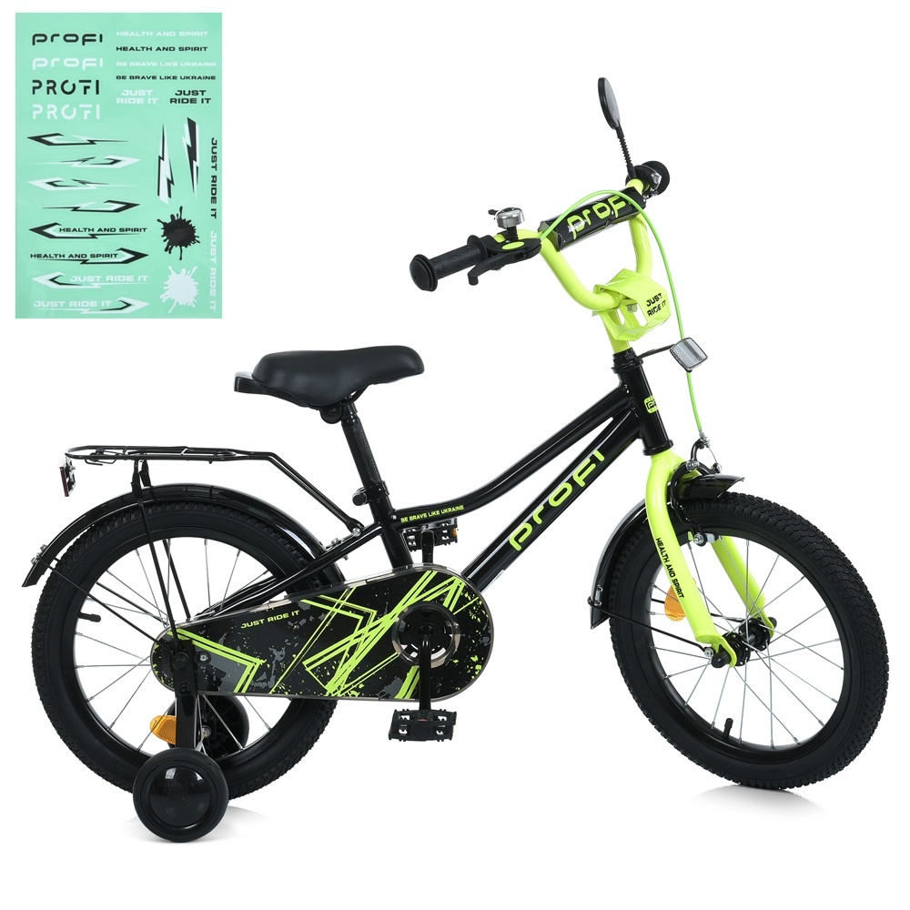 Велосипед дитячий PROF1 14д. MB 14015-1 PRIME,SKD75,дзвін.,ліхтар,багажник,дод.кол.,чорно-салатовий.