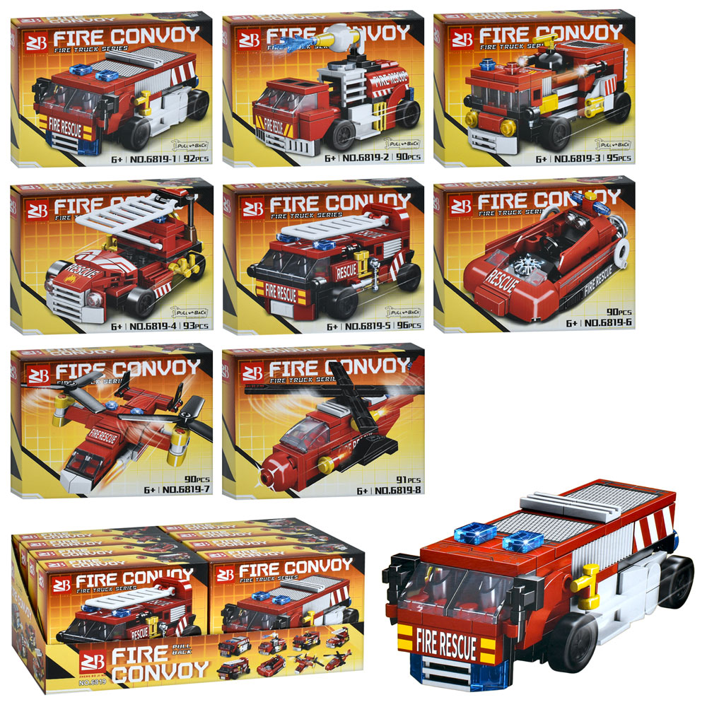 Конструктор 6819 пожежний транспорт, від 90дет, 8шт(8видів) в дисплеї, 39-14,5-17,5см