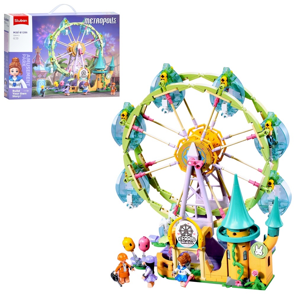 Конструктор SLUBAN M38-B1286 рожева серія, парк розваг, замок, колесо огляду, фігурки, 504 дет.,кор.