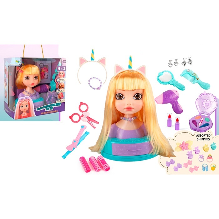 Лялька голова для зачісок SR001 тіні, помада 2шт., набір перукаря, аксесуари, плойка,ножиці,фен,кор.