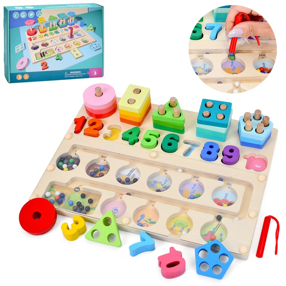 Дерев'яна іграшка Багатофункціональна дошка MD 0874 геометрика,цифри,лабіринт,слова(англ.),кор.,32,5