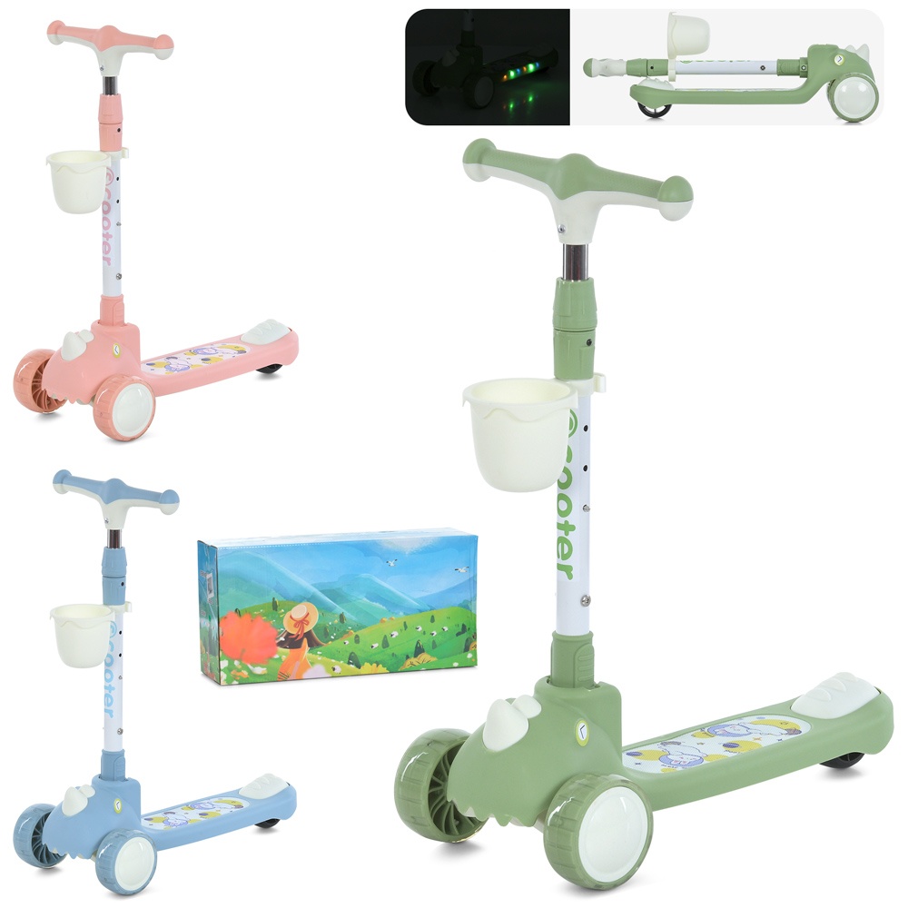 Самокат JR 3-107 Mini,мет.+пласт.,2пер.ПУ110мм,задн.80мм,кермо4полож.,3кольори,муз.,світло,бат.,кор.