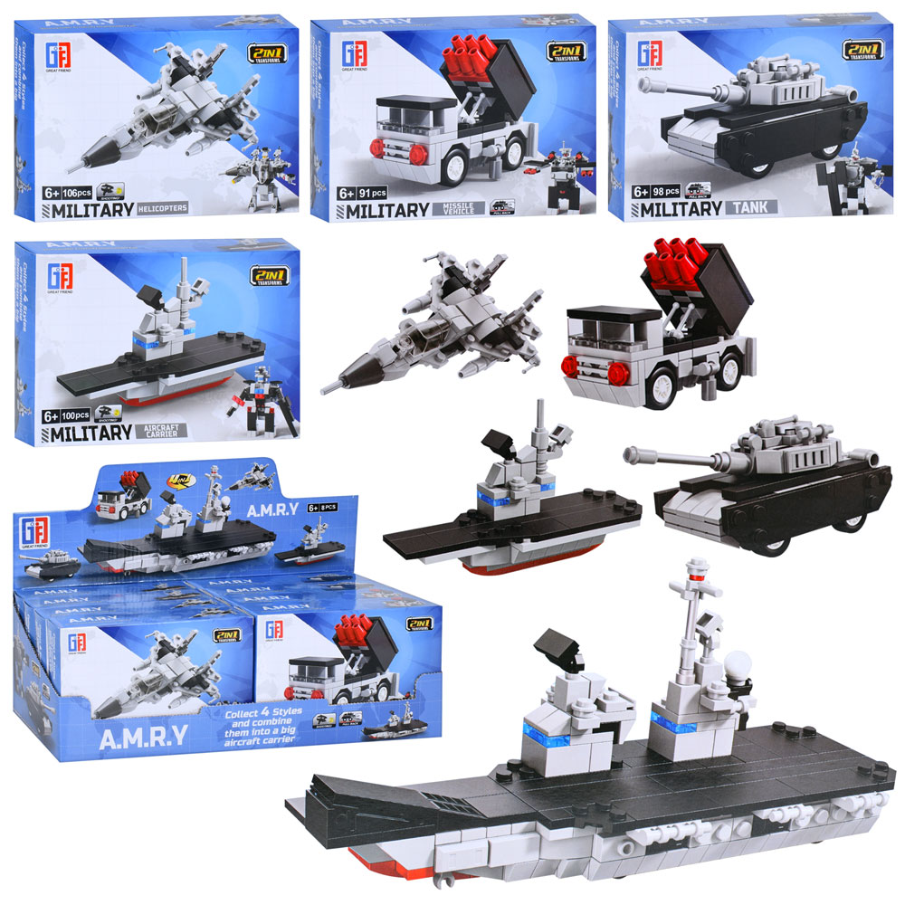 Конструктор 123-786/787/788/789 військовий,2в1(робот+трансп),від 9дет,4види,кор.,8шт.в дисп.,38-13,5