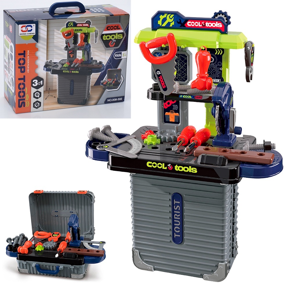 Стіл з інструментами 008-302 3в1, верстак,, пила (механічна), молоток,викрутки,чемодан 35,5-18-в47см