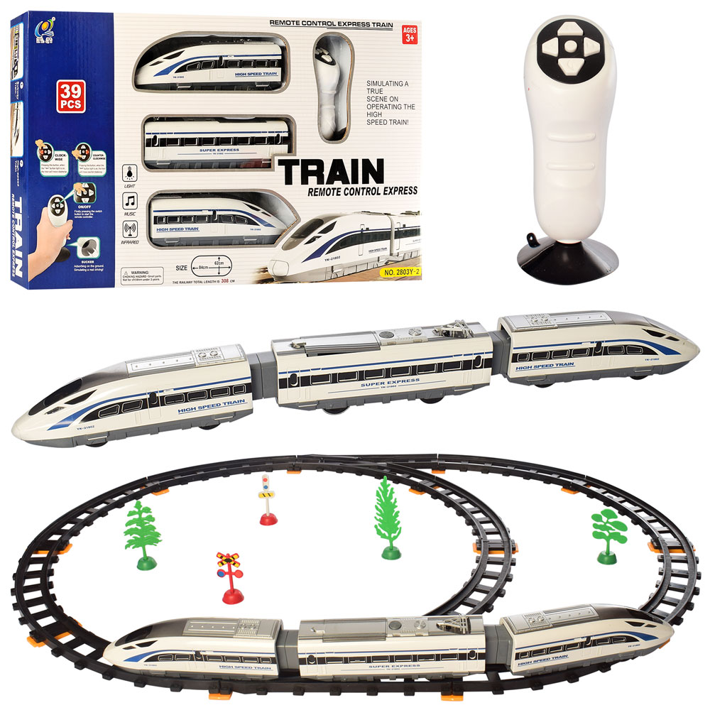 Залізниця 2803Y-2 308см.,радіокер.,локомотив 2шт.,вагон,їде,39предм.,муз.,світло,бат.,кор.,48-28-5см