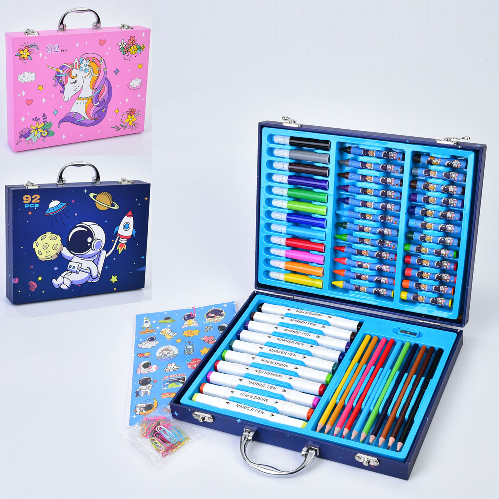 Набір для творчості MK 5442 92пред.,олівці,фломаст.,наліпки,віск.крейда,скріпки,2види,валіза,30,5-23