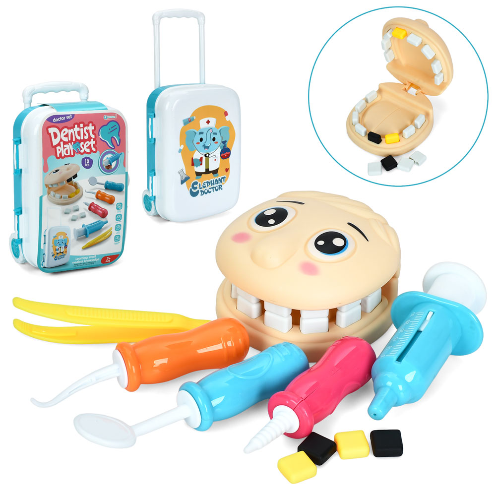 Набір лікаря QY851 стоматолог, щелепи, мед.інстр.,чемодан(2колеса,ручка),10пр,в карт.обг.,21-31-11см