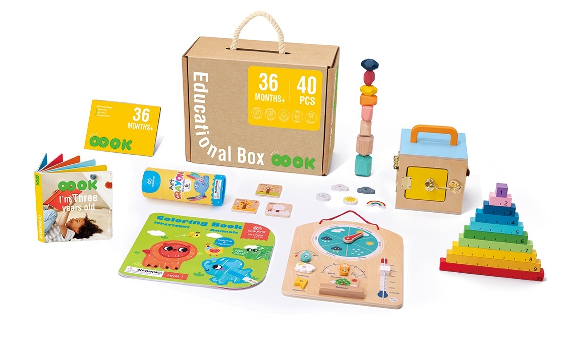 Дерев'яна іграшка TK755 бізікуб,блоки,альбом,книжка-картон (англ),воск.крейда 6кольорів,дошка-погода