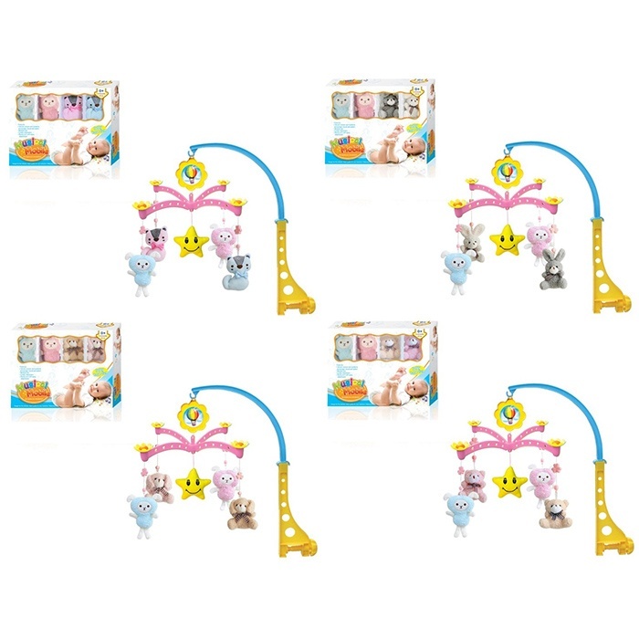 Карусель на кроватку XQT732-3-4-5 (12шт) мобіль на ліжко, заводна, музика, підвіски 5шт (плюш), 4 види, в кор-ці, 32,5-25-7см