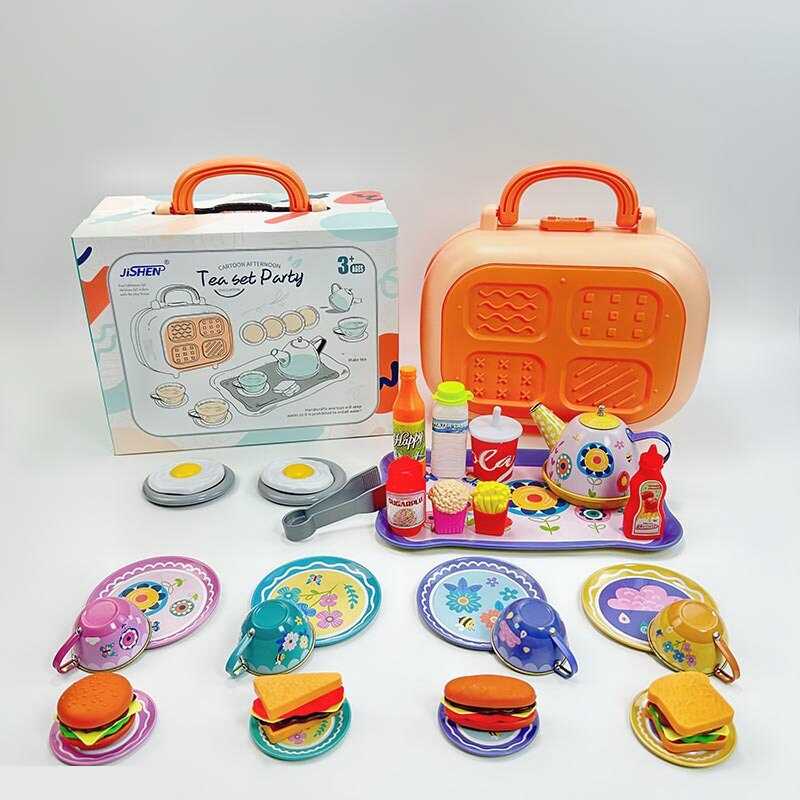 Фотография 1 товарной позиции интернет-магазина детских игрушек www.smarttoys.com.ua Набір посуду 86-19 SEH (24) металевий посуд, чайник, таця, чашки, тарілки, блюдця, у валізі, продукти, в коробці