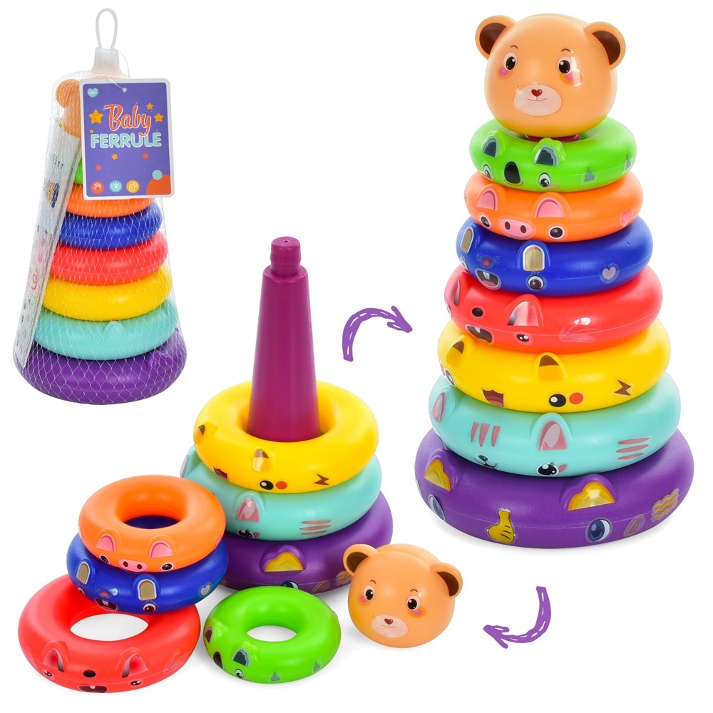 Пірамідка 218D-1Q ведмедик, 7 кілець, наліпки, сітка, 12-28-12 см.